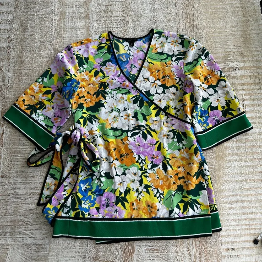 Ann Taylor Blooming Floral Spring Garden Kimono Top Wrap Blouse Shirt XS or S